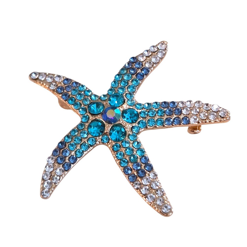 Starfish‎ Brooch Pin Blue Teal Crystal Rhinestone Pave Gold Tone Beach Ocean